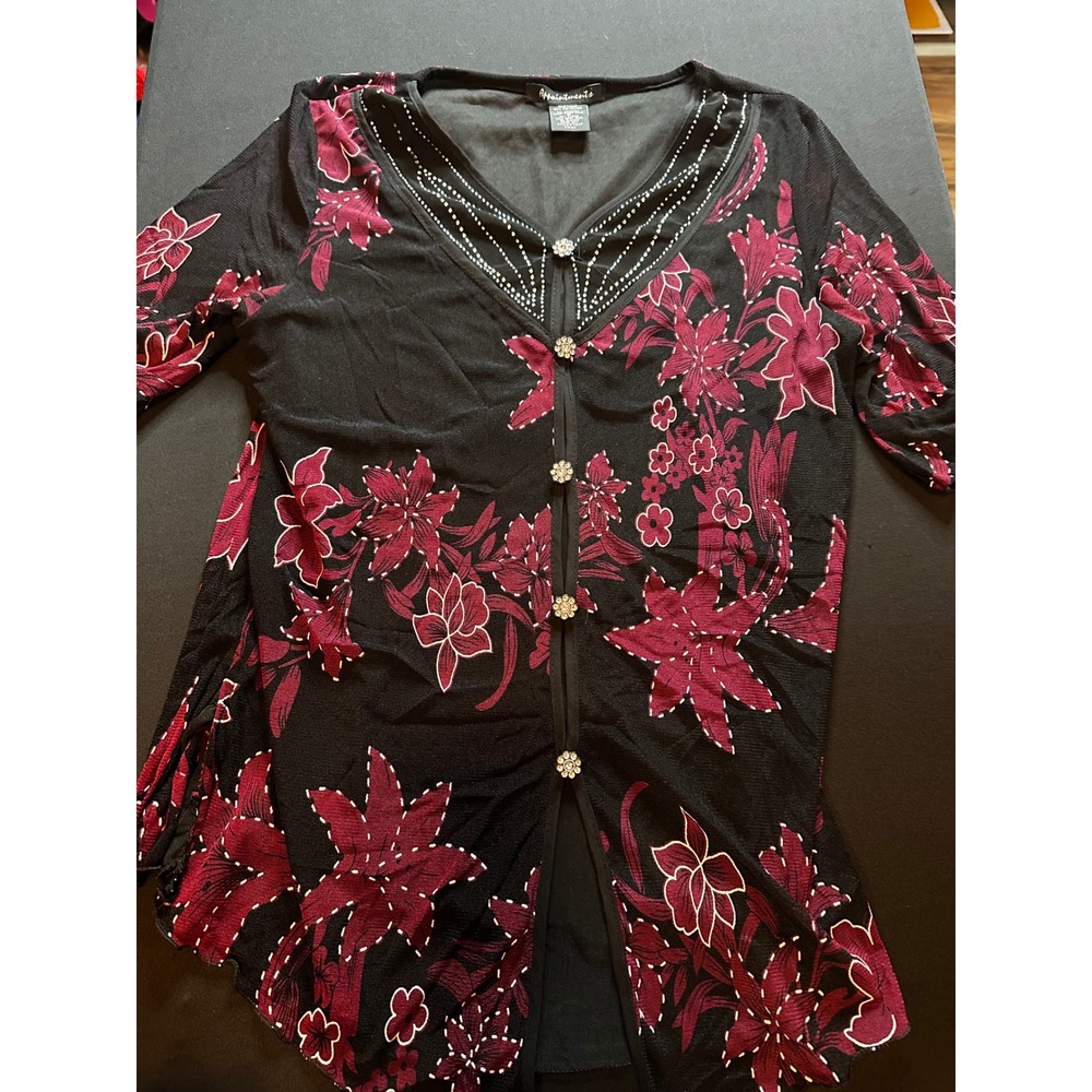 Appointments Womens Floral Mesh Rhinestone V-Neck Top Black Burgundy Large Y1237